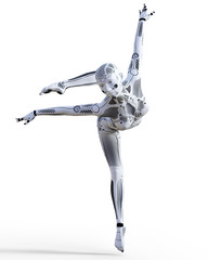 Wall Mural - Dancing robot woman. White metal droid. Artificial Intelligence. Conceptual fashion art. Realistic 3D render illustration. Studio, isolate, high key.