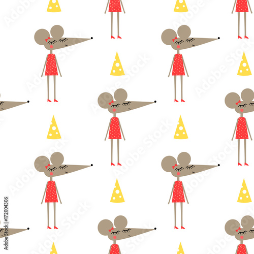 Cute Mouse Girl In Dress With Cheese Seamless Pattern On White Background Child Drawing Style Baby Animal Illustration Fashion Design For Textile Wallpaper Fabric Buy This Stock Vector And Explore Similar