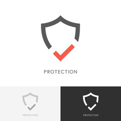 safe protection logo - shield and red check mark or tick symbol. defense, security and safety vector