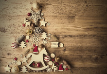 Christmas Flat Lay With Decoration, Rocking Horse, Retro Background
