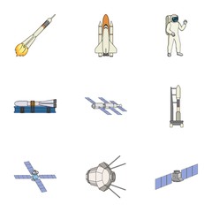 Space ship, Lunokhod, spacesuit and other equipment. Space technology set collection icons in cartoon style vector symbol stock illustration web.