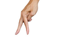 Two Finger Of Hand Like A Walking On The Floor Isolated On White Background. Clipping Path. Body Language. Hand Gesture.