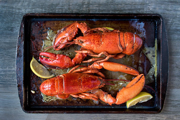 two cooked red lobsters in rustic setting top view