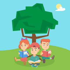 Wall Mural - Caucasian school kids reading books under a tree on nature. Young school kids studying on nature near the tree. Concept of education on nature. Vector cartoon illustration. Square layout.