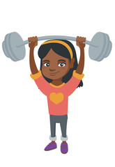 Canvas Print - Strong african child lifting a heavy weight barbell. Little girl in sportswear training with barbell. Happy girl holding a barbell. Vector sketch cartoon illustration isolated on white background.