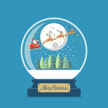 Merry Christmas Glass Ball With Santa Sleigh Against The Moon. Vector Illustration