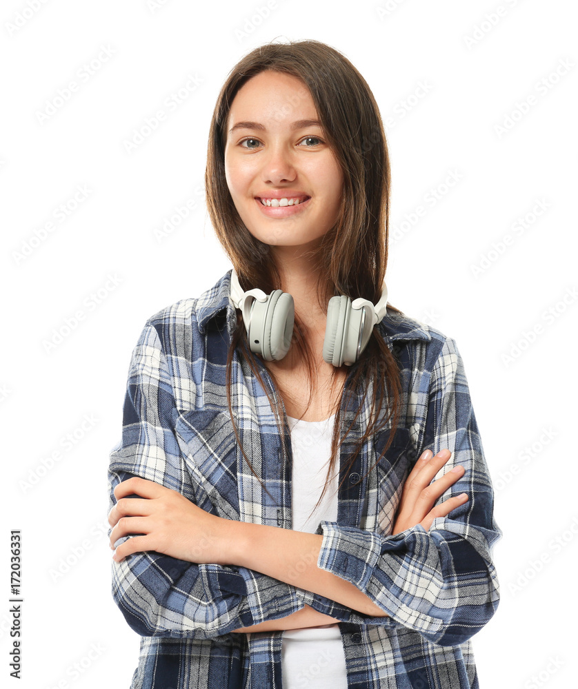 Pretty teenage girl posing on white background