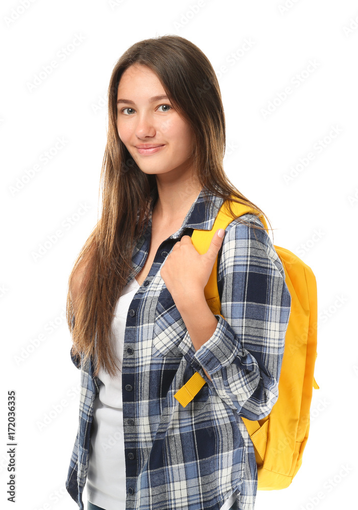 Pretty teenage girl posing on white background