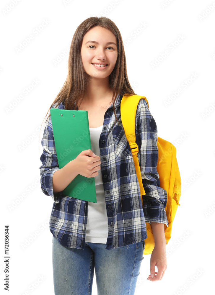 Pretty teenage girl posing on white background