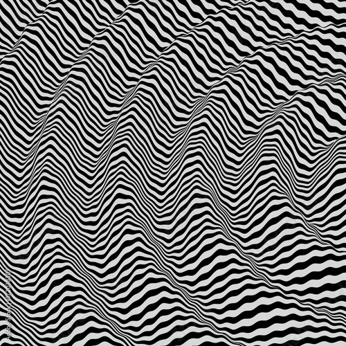 Plakat 3D falisty tło. Efekt dynamiczny. Czarno-biały wzór. Wzór z iluzją optyczną. Ilustracji wektorowych.