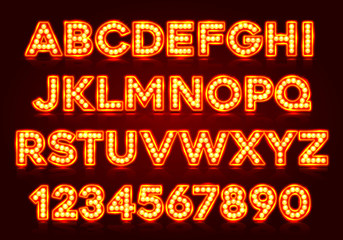 Sticker - Red fluorescent neon font on dark background. Nightlight alphabet. Vector illustration.