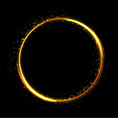 Poster - Light sparkling circle on black background. Fire ring glowing trace. Vector fire gold circle.