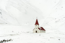 Beautiful Church Among The Mountains In Winter.