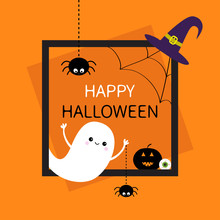 Happy Halloween. Square Frame. Flying Ghost, Monster Head Silhouette. Black Spider Dash Line. Pumpkin, Eyeball, Witch Hat. Cute Cartoon Baby Character. Flat Design. Orange Background.