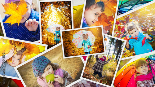 Plakat Collage of children and autumn. Selective focus.