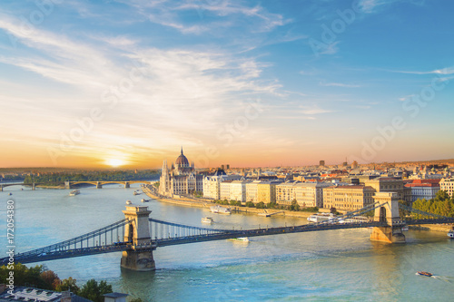 Beautiful view of the Hungarian Parliament and the chain bridge in Budapest, Hun Canvas Print