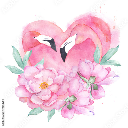 Watercolor pink flamingo couple with bouquet peony. Hand drawn illustration. ...