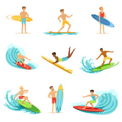 Poster - Surfboarders riding on waves set, surfer men with surfboards in different poses vector Illustrations