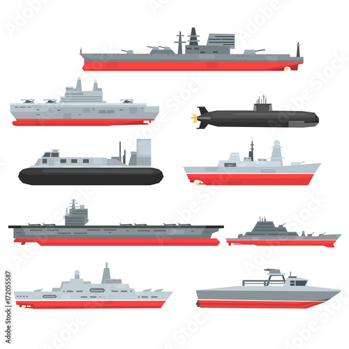 Cuadros en Lienzo Different types of naval combat ships set, military boats, ships, frigates, subm