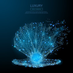 Aufkleber - Pearl in shell isolated from low poly wire frame on dark background. Jewelery vector polygonal image in the form of a starry sky or space, consisting of points, lines, and shapes.
