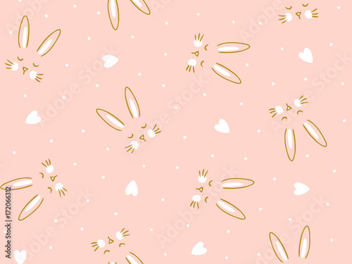 Vector seamless pink  background with  little cute bunny and heart. Hand drawn fabric design.