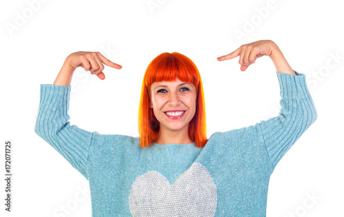Redhead Woman Indicating Herself With The Fingers Choose Me Stock