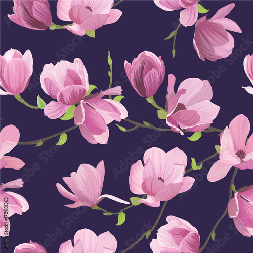 Plakat Bezszwowi deseniowi magnolia kwiaty na ciemnym purpurowym tle. Wektorowy ustawiający kwitnąć kwiecisty dla ślubnych zaproszeń i kartka z pozdrowieniami projekta.