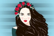 Portrait of young beautiful woman with flowers in long hair. Vector hand drawn illustration.