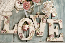 Love Background With Vintage Style Letters And Roses