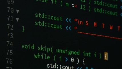 Poster - programmer scrolling up and down and checking code for editing futuristic technology concept with gr