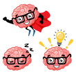 Set of cute cartoon smart brains. Cartoon characters mascot of the brain with glasses, superman brain and sleeping brain. Lightbulb idea concept. Vector illustration isolated on background