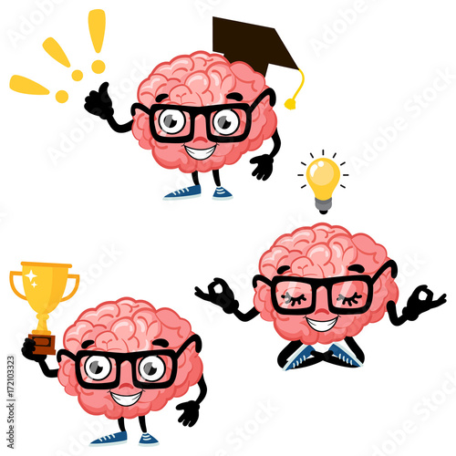 Set of cute cartoon smart brains. Cartoon characters mascot of the ...