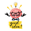 Cute cartoon smart brain with lettering good idea. cartoon character mascot of the brain with glasses.Lightbulb idea concept. Vector illustration isolated on background