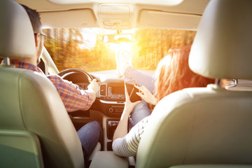 Poster - autumn trip and two lovers in car 