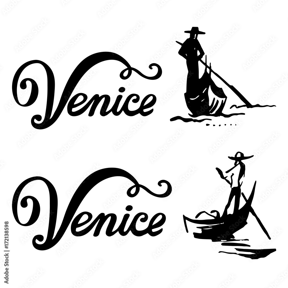 Venice gondola, gondolier rowing oar sign. Italy Travel. Italian man  profession. Vector lettering sketch Illustration. Branding Identity  Corporate logo design template Isolated on a white background Stock Vector  | Adobe Stock, image size:1000x1000