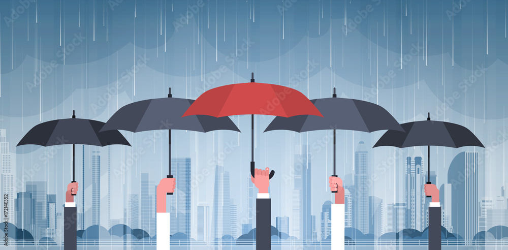 Group Of Hands Holding Umbrellas Over Storm In City Huge Rain Background Hurricane Tornado In Town Natural Disaster Concept Vector Illustration - obrazy, fototapety, plakaty 