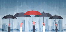 Group Of Hands Holding Umbrellas Over Storm In City Huge Rain Background Hurricane Tornado In Town Natural Disaster Concept Vector Illustration
