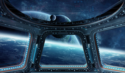 Aufkleber - View of outer space from a space station window 3D rendering elements of this image furnished by NASA