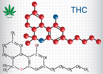 Wall Mural - Tetrahydrocannabinol (THC) - structural chemical formula and molecule model. Is the principal psychoactive constituent of cannabis. Sheet of paper in a cage