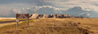 Landscape panorama of badlands Rocky Mountain range, clouds, and grassland with sign