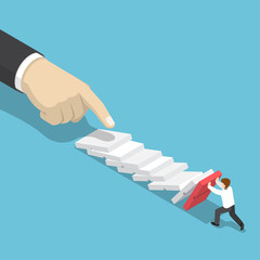 Aufkleber - isometric 3d businessman trying to stop falling domino.