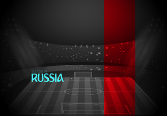 Wall Mural - eps 10 vector black and white Russia football promotion poster, stylish red stripe for web, print. World soccer tournament 2018 banner. Soccer field, stadium, spotlights. Sport event design concept