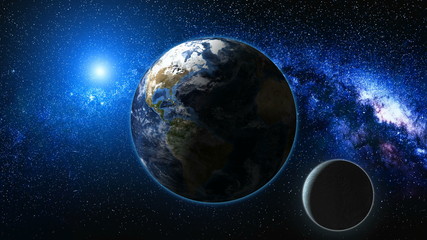 Wall Mural - sunrise view from space on planet earth and moon. milky way with thousand stars in the background. h