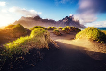Beautiful View Of The Yellow Hills Glowing By Sunlight. Location Place Stokksnes Cape, Vestrahorn, Iceland, Europe.