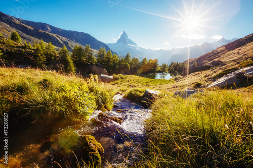 Leinwand Poster  Great  panorama with famous peak Matterhorn