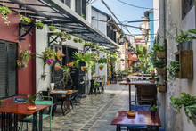 Alley With Tourist Restaurants In Siem Reap Old Town Cambodia