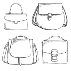 Wall Mural - Set of different bags, men, women and unisex. Bags isolated on white background. Vector illustration in sketch style.