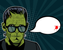 Halloween Background Vector With Frankenstein Head. Vector Illustration In Retro Comic Style. Colorful Pop Art Background. Halloween Party Invitation.