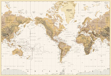 Vintage Physical World Map-America Centered-Colors Of Brown