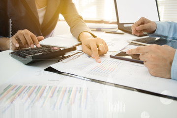 Wall Mural - Investor executive discussing plan financial graph data on office table, finance, accounting, investment, meeting.